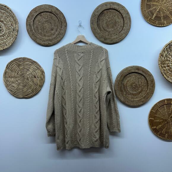 Old Navy Cable Knit Cardigan Sweater Large Tan Button Oversized Cozy Cotton - Picture 2 of 6